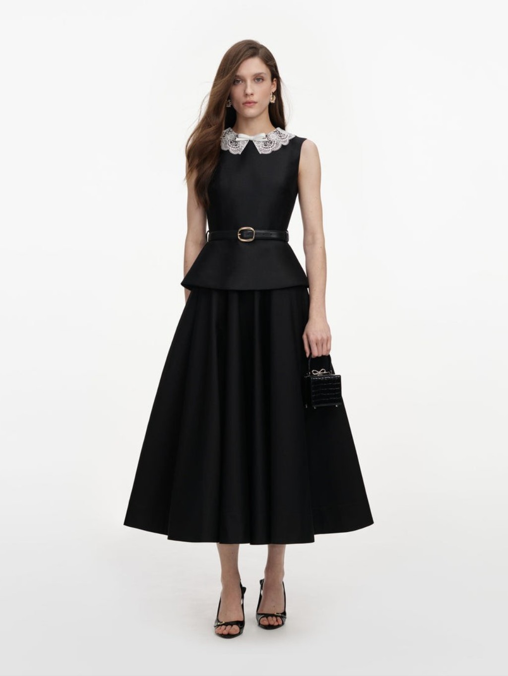 Self-Portrait Black Taffeta Peplum Midi Dress